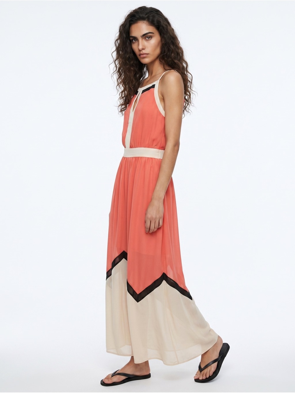 LUCY PARIS Maxi Dress Orange Cream ColorBlock halter spaghetti straps Sz L - Picture 1 of 11